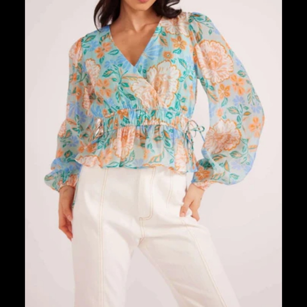 MINKPINK EVELYN Floral Chiffon Blouse - Blue and Orange